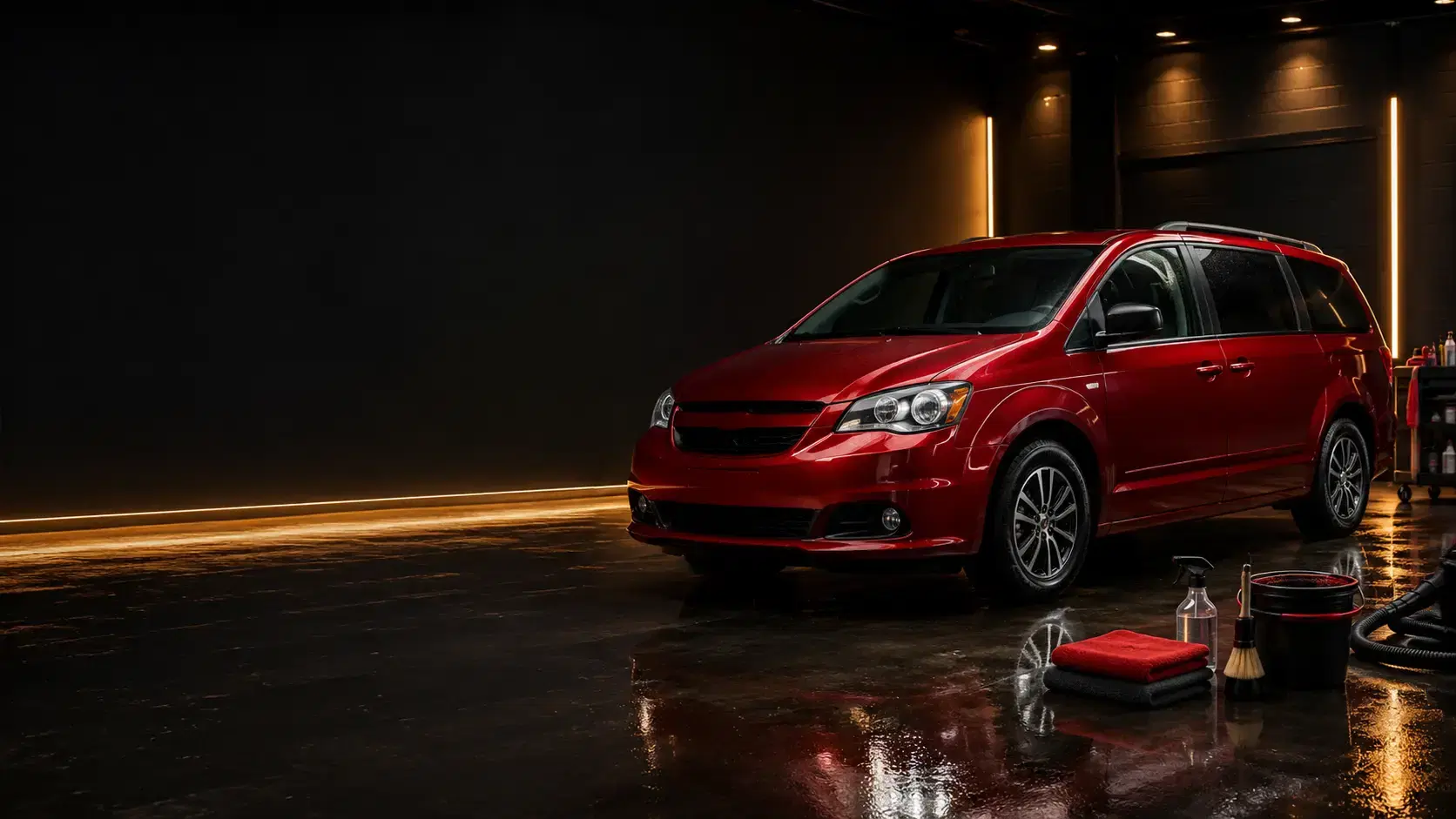 A red minivan parked in the detailing bay beside microfibre towels, brushes and an extractor
