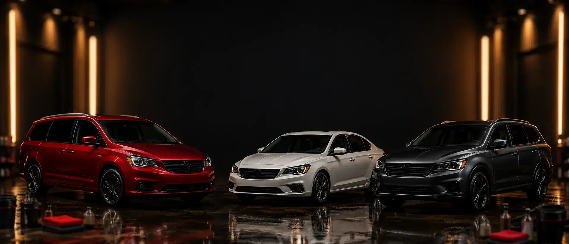 Three freshly detailed vehicles gleaming under studio lighting in a dark showroom