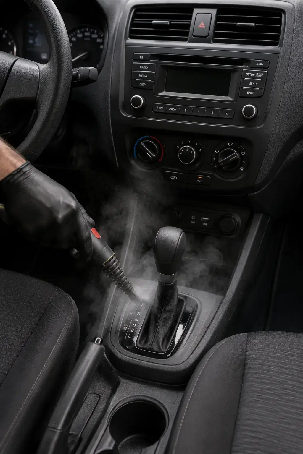 Freshly steam-cleaned car cabin after an interior deep clean
