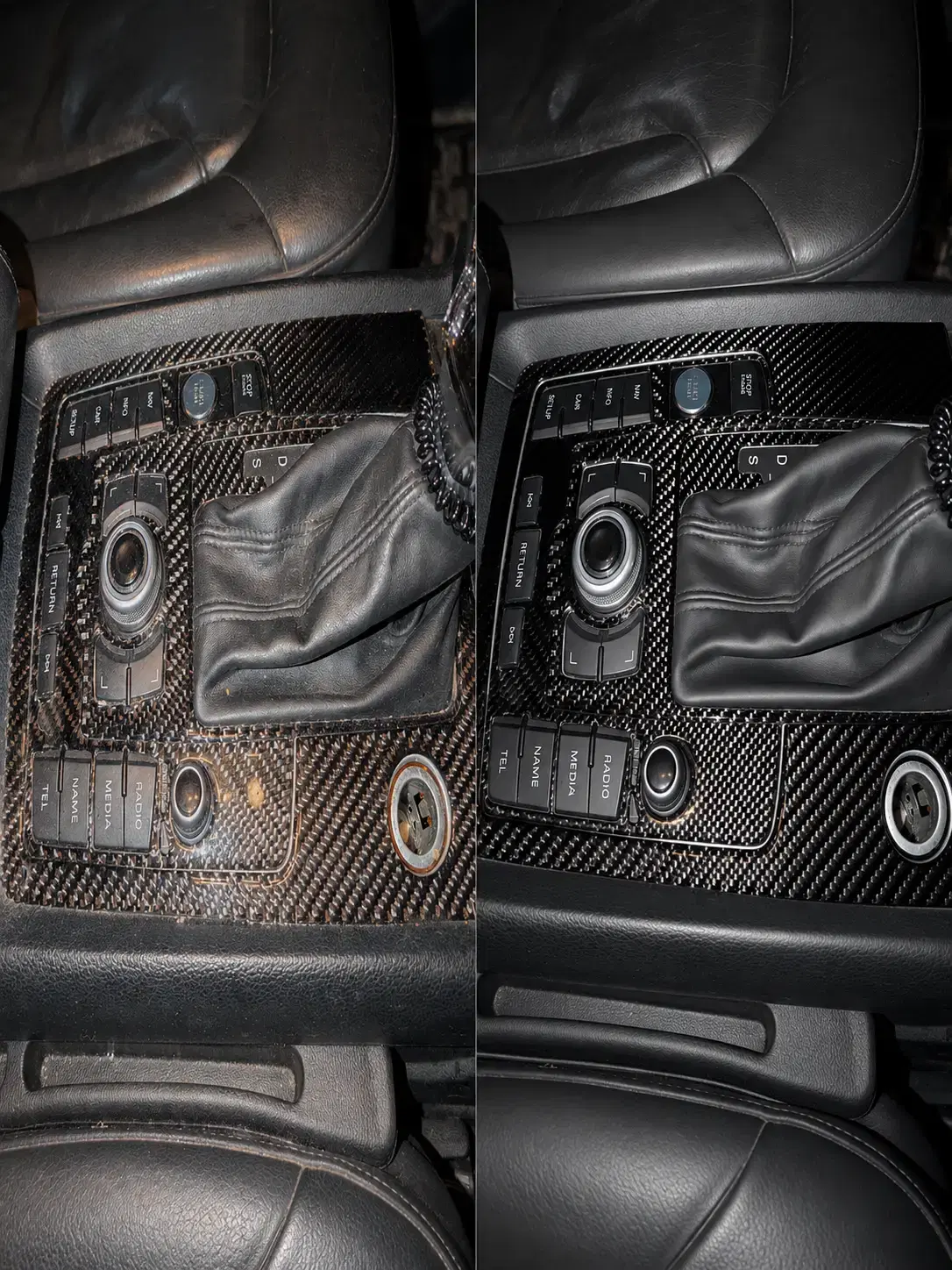 Car centre console before and after interior detailing
