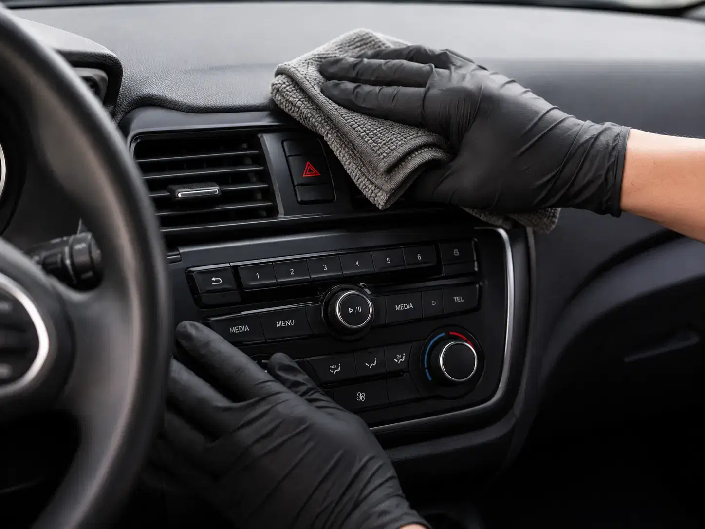 Dashboard and centre console cleaned by hand during an interior detail