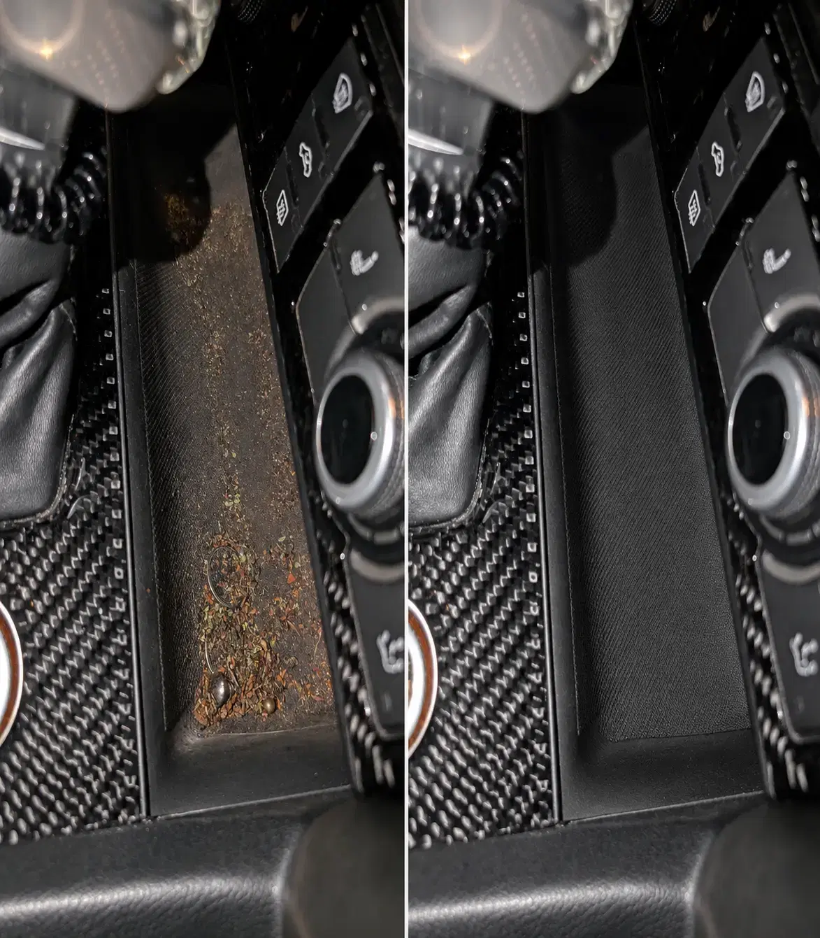 Console tray and crevices before and after being detailed by hand