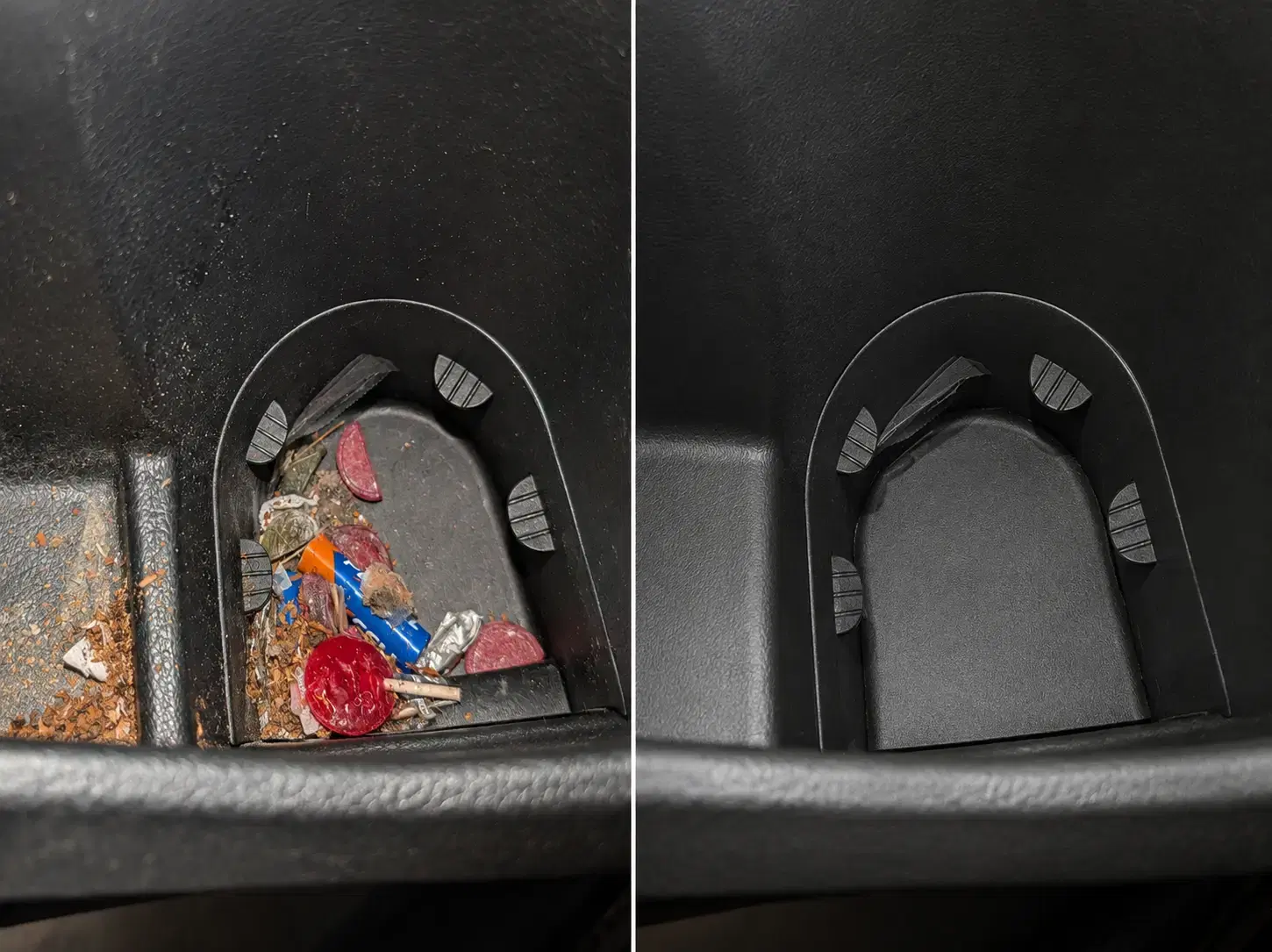 Car door pocket before and after a full clean-out