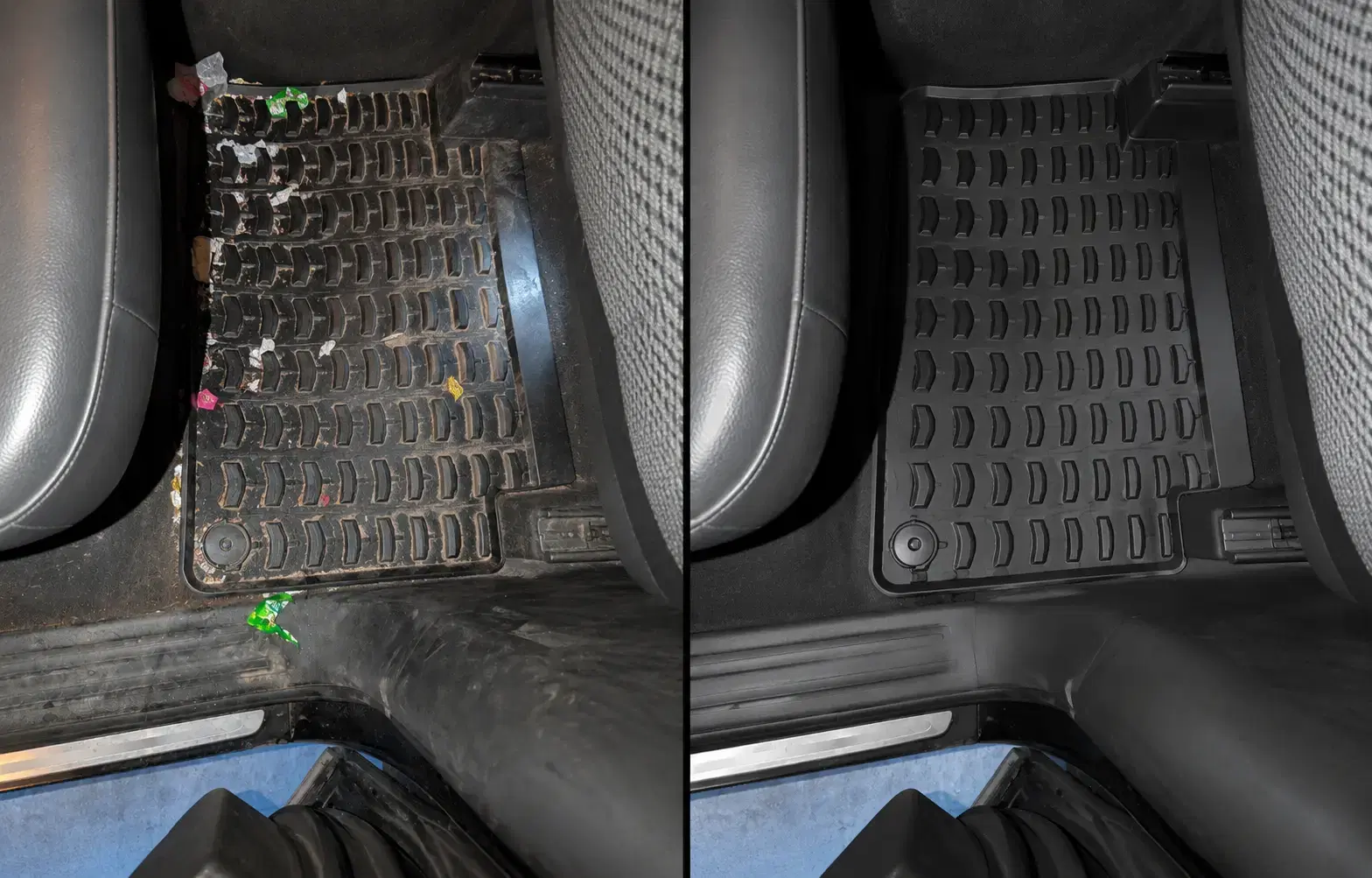 Car floor mat before and after a deep clean by a Calgary car detailer