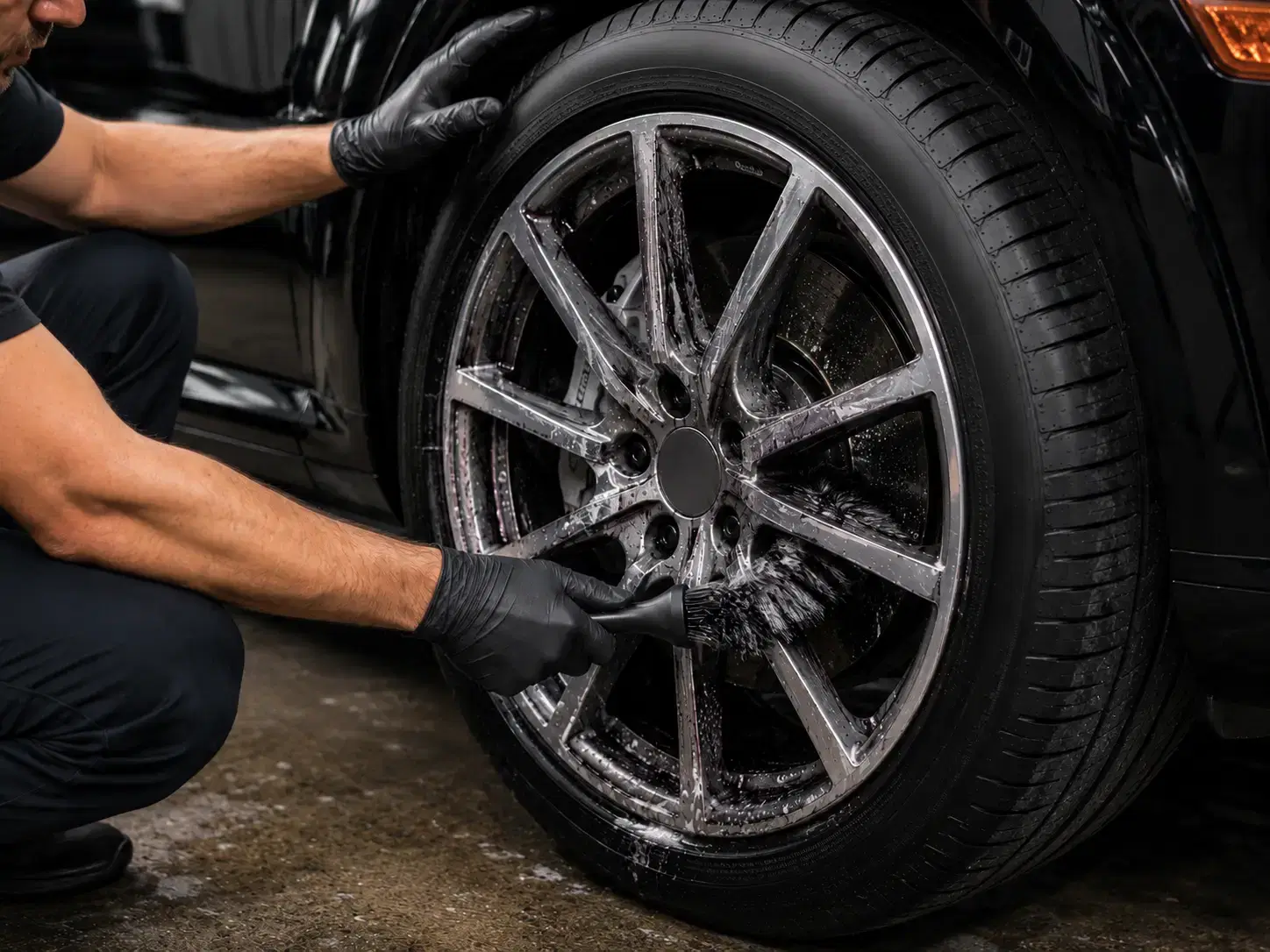 Alloy wheel and brake caliper being cleaned during an exterior detail